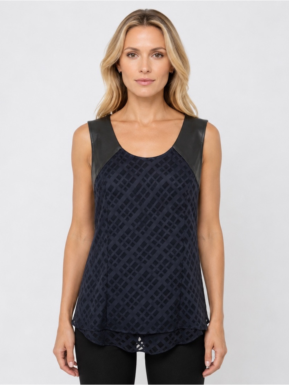 5 twelve Textured Blouse w/PU Leather Trim Lined Dark Navy & Black Size Large